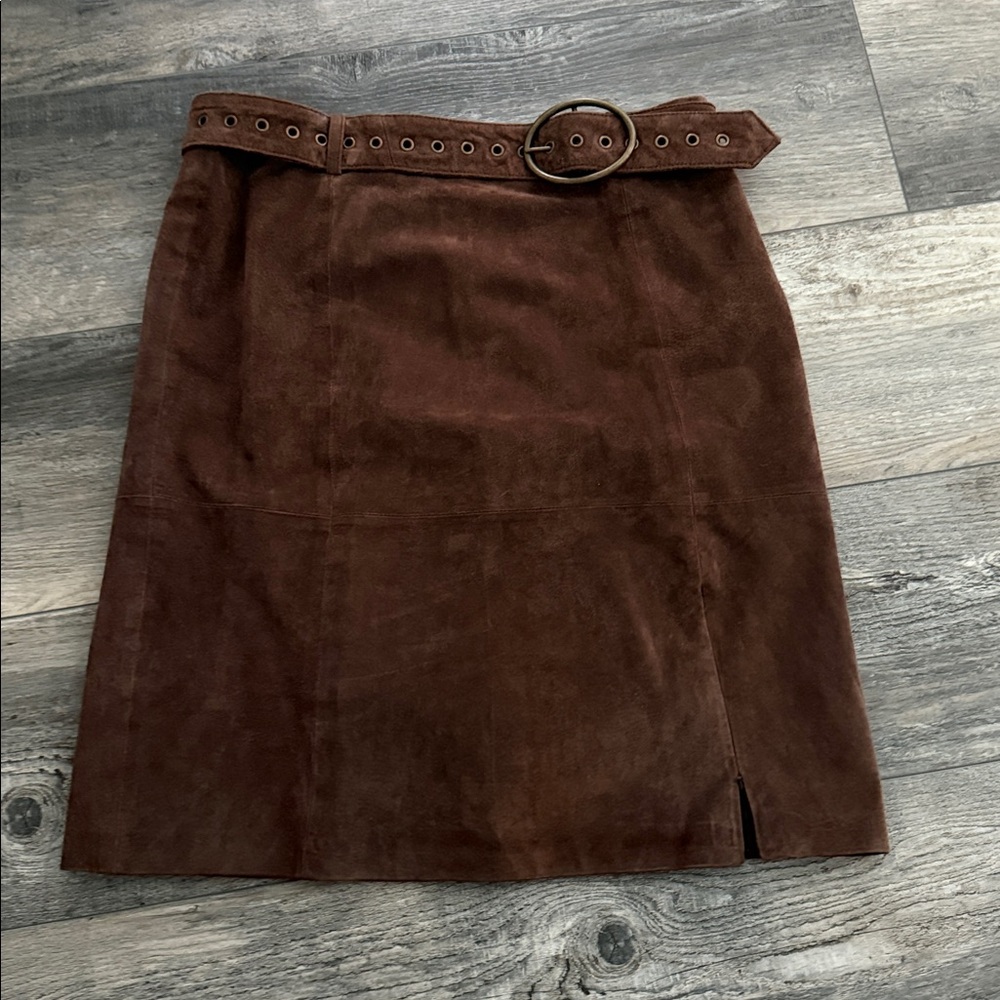 REM GARSON Vintage Brown Suede leather skirt with belt Size 14